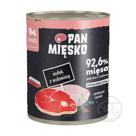 Pan Mięsko INDYK Z WOŁOWINĄ - puszka 800g dla szczeniąt